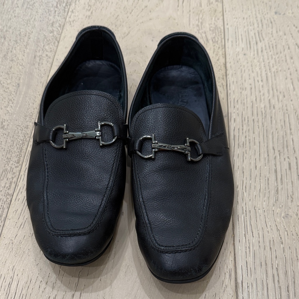 Salvatore Ferragamo Black Leather Slip-On Loafers, 9 Ee